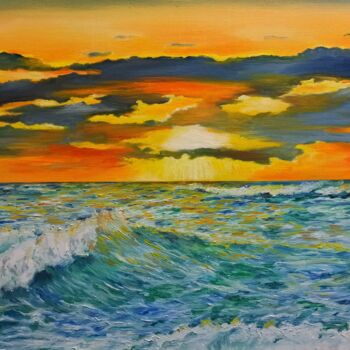 Painting titled "Tramonto sul mare" by Anna Rita Angiolelli, Original Artwork, Oil Mounted on Wood Stretcher frame