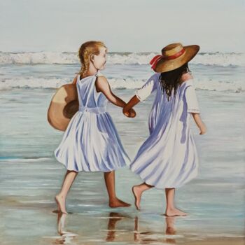 Painting titled "On the beach" by Anna Rita Angiolelli, Original Artwork, Oil Mounted on Wood Stretcher frame