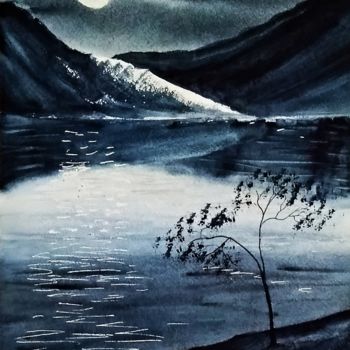 Pintura intitulada "Лунная ночь в горах" por Anna Rogotneva, Obras de arte originais, Aquarela