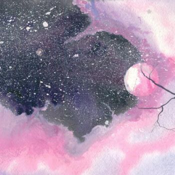 Картина под названием "Лунная ночь, Розовы…" - Анна Роготнева, Подлинное произведение искусства, Акварель