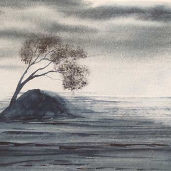 Schilderij getiteld "ночь, море, дерево" door Anna Rogotneva, Origineel Kunstwerk, Aquarel