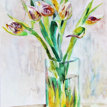 Картина под названием "Тюльпаны" - Анна Савкина, Подлинное произведение искусства, Акварель