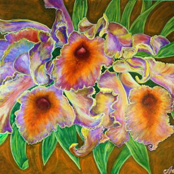 Painting titled "purple-orange orchi…" by Anna Serebrenoya, Original Artwork, Acrylic