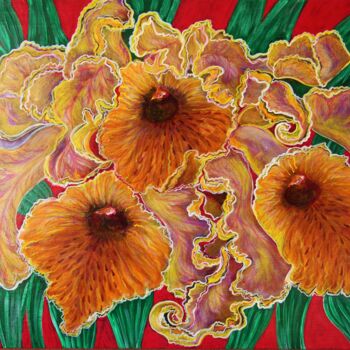 Painting titled "orange orchids 2023" by Anna Serebrenoya, Original Artwork, Acrylic