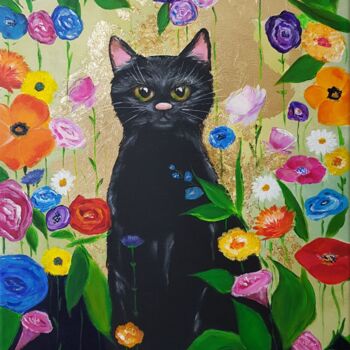 Pintura intitulada "A kitten in a flowe…" por Anna Shostak, Obras de arte originais, Acrílico Montado em Painel de madeira