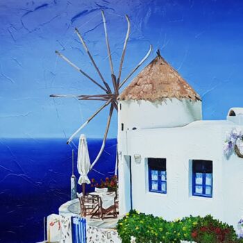 Schilderij getiteld "Santorini" door Anna Shostak, Origineel Kunstwerk, Lak Gemonteerd op Houten paneel