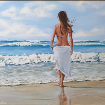 Картина под названием "Girl by the sea" - Anna Shostak, Подлинное произведение искусства, Масло Установлен на Деревянная пан…