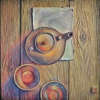 Schilderij getiteld "The Tea party" door Anna Shuvaeva, Origineel Kunstwerk, Acryl Gemonteerd op Frame voor houten brancard