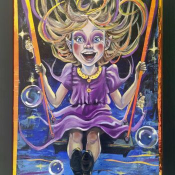 Painting titled "Girl on a Swing" by Anna Spencer, Original Artwork, Oil Mounted on Wood Panel