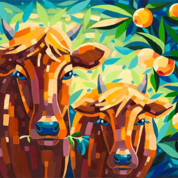 Painting titled "Tangerine cows. Far…" by Anna Startseva, Original Artwork, Oil