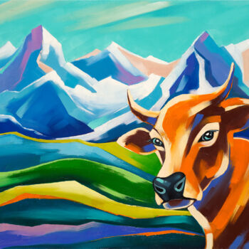 Malarstwo zatytułowany „Alpine cow. Mountai…” autorstwa Anna Startseva, Oryginalna praca, Olej