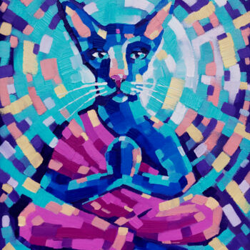 Картина под названием "Buddha cat. Meditat…" - Anna Startseva, Подлинное произведение искусства, Масло