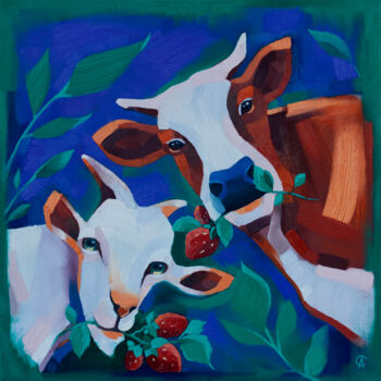 Painting titled "Cow and goat. Farm…" by Anna Startseva, Original Artwork, Oil