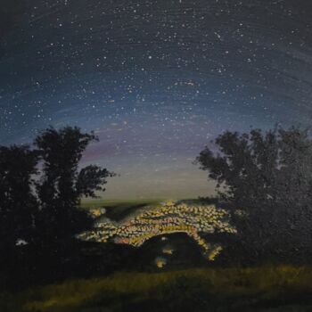 Painting titled "The city in the lig…" by Anna Tudor, Original Artwork, Oil Mounted on Wood Stretcher frame