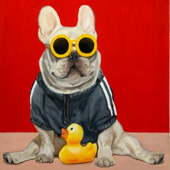 Painting titled "Dog's Duck 2" by Anna Voronina, Original Artwork, Oil Mounted on Wood Stretcher frame