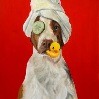 Painting titled "Dog's Duck 3" by Anna Voronina, Original Artwork, Oil Mounted on Wood Stretcher frame