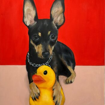 「Dog's Duck 4」というタイトルの絵画 Anna Voroninaによって, オリジナルのアートワーク, オイル ウッドストレッチャーフレームにマウント