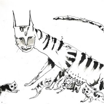 Drawing titled "Кошка с котятами" by Anna Gorbach, Original Artwork, Other