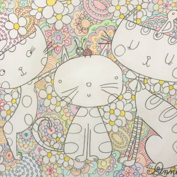 Рисунок под названием "Tre gatti" - Anna, Подлинное произведение искусства, Цветные карандаши