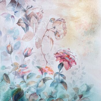 Картина под названием "Garden of roses" - Anna Babysheva, Подлинное произведение искусства, Акварель