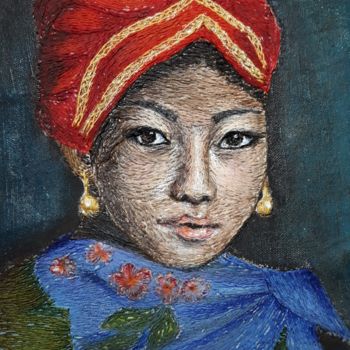 Arte têxtil intitulada "Exotic portrait" por Anna Maglioccola, Obras de arte originais, Fio Montado em Plexiglass