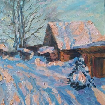 Картина под названием "Зима в деревне. (Wi…" - Anna Dolganova, Подлинное произведение искусства, Масло Установлен на Деревян…