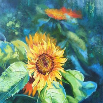 Painting titled "Sunflowers" by Anna Kotelnik, Original Artwork, Oil Mounted on Cardboard