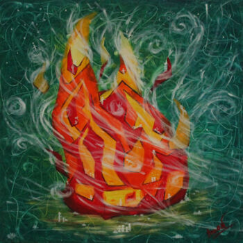 Painting titled "Fire home" by Anna N, Original Artwork, Oil Mounted on Wood Stretcher frame