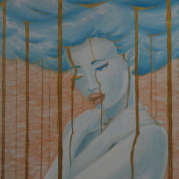 Painting titled "My rain" by Anna N, Original Artwork, Oil Mounted on Wood Stretcher frame