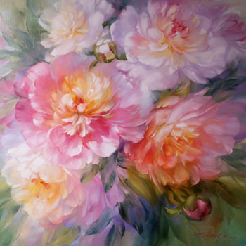 Painting titled "Pink peony" by Anna Khomchyk, Original Artwork, Oil