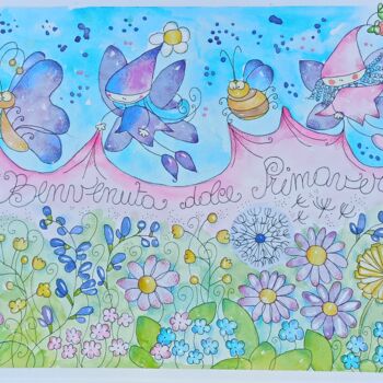 「Benvenuta primavera」というタイトルの絵画 Annalisa Maestri (Anneelittleflowers)によって, オリジナルのアートワーク, 水彩画 ガラスにマウント