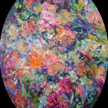 Painting titled "Flowers and parrot" by Anna Privaloff, Original Artwork, Oil Mounted on Wood Stretcher frame