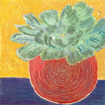 Painting titled "Succulent in a red…" by Hanna Taranishyna, Original Artwork, Oil