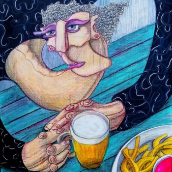 Dessin intitulée "Pub time" par Anna Reshetnikova, Œuvre d'art originale, Crayon