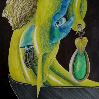 Dibujo titulada "Green earring" por Anna Reshetnikova, Obra de arte original, Rotulador