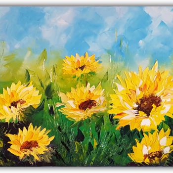 Painting titled "Sunflowers field 10…" by Anna Reznik, Original Artwork, Oil