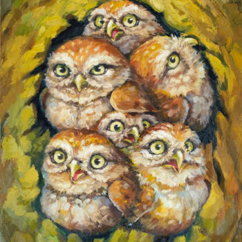 「"Owlets" - Original…」というタイトルの絵画 Anna Ivanovaによって, オリジナルのアートワーク, オイル