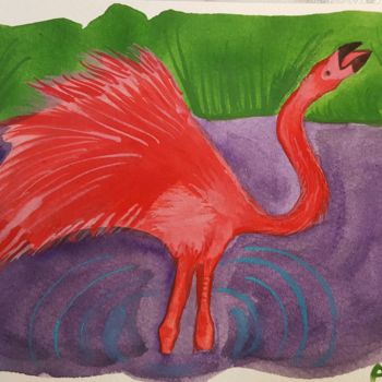 Peinture intitulée "Lucky  Flamingo" par Anna Gogoleva, Œuvre d'art originale, Aquarelle