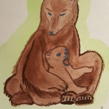 Painting titled "Mama and baby" by Anna Gogoleva, Original Artwork, Watercolor