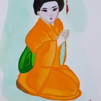 Painting titled "Orange kimono" by Anna Gogoleva, Original Artwork, Watercolor