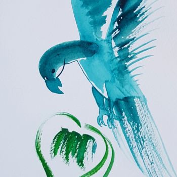 Painting titled "Blue fly parrot" by Anna Gogoleva, Original Artwork, Watercolor