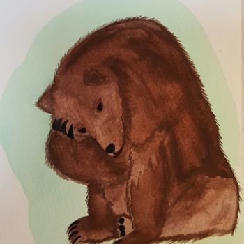 Painting titled "Bear thinking" by Anna Gogoleva, Original Artwork, Watercolor