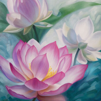 Painting titled "Water Lilies" by Anna Steshenko, Original Artwork, Oil Mounted on Wood Stretcher frame