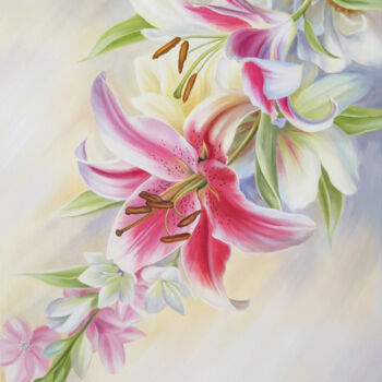 Malarstwo zatytułowany „Poetry of flowers” autorstwa Anna Steshenko, Oryginalna praca, Olej Zamontowany na Drewniana rama no…