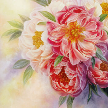 Painting titled "Peonies mood" by Anna Steshenko, Original Artwork, Oil Mounted on Wood Stretcher frame