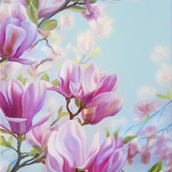 Painting titled "Magnolia" by Anna Steshenko, Original Artwork, Oil Mounted on Wood Stretcher frame