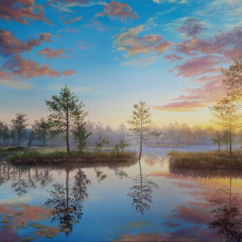 Painting titled "Sunset on the lake" by Anna Steshenko, Original Artwork, Oil Mounted on Wood Stretcher frame