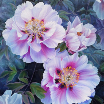 Painting titled "Peonies in the gard…" by Anna Steshenko, Original Artwork, Oil Mounted on Wood Stretcher frame