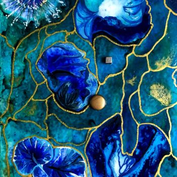 Pittura intitolato "Fleurs bleues marbr…" da Anne Brigaud, Opera d'arte originale