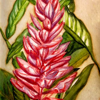 Painting titled "Fleur rose exotique" by Anne Brigaud, Original Artwork, Watercolor